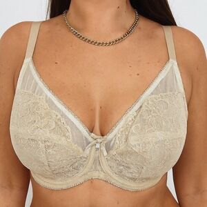 Wacoal Beige Nude Lace Underwire‎ Bra 38DD Sheer Unlined Full Coverage Support